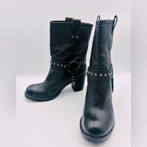 Nine West Vice GD Black Leather Harness Stud Embellished Boots 6.5M Moto Goth